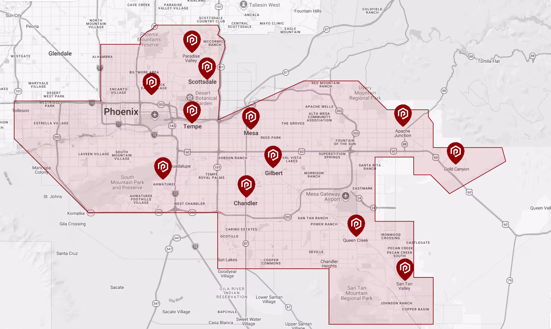 Map of Paragon Service Pros's Greater Phoenix coverage area with city pins