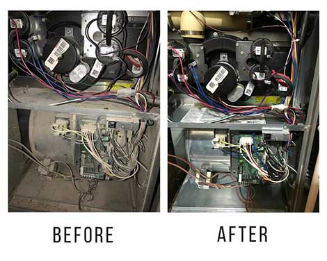 Before and after image of a furnace showcasing the transformation by Paragon Services Pros.