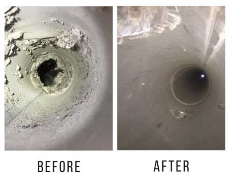 Before and after images showcasing a dirty air duct, highlighting the cleaning expertise of Paragon Services Pros.