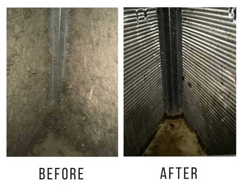 Comparison of a dirty air duct before cleaning and its pristine condition after cleaning by Paragon Services Pros.