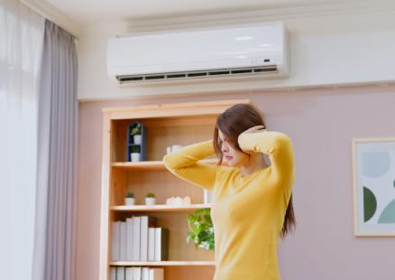 A woman stands in front of a room air conditioner, showcasing the services of Paragon Service Pros.