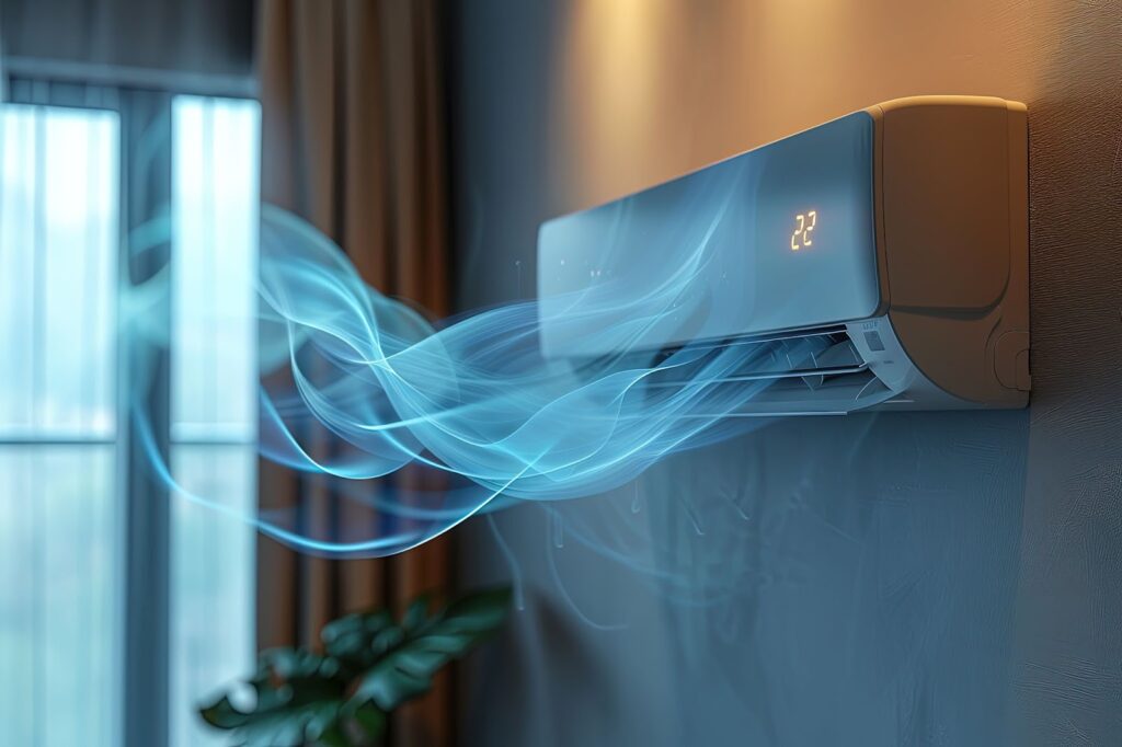 A wall-mounted air conditioner unit displaying 22°C with cool air flowing in a modern room.