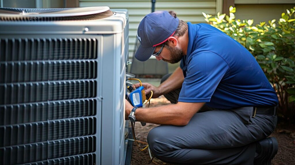 A man wearing a blue shirt repairs an air conditioner focused on his task with tools in hand