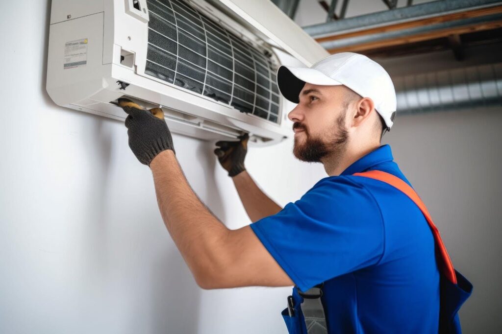 A man wearing a blue shirt and hat repairs an air conditioner focused on his task